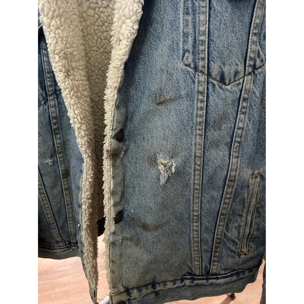 Levi Strauss Co Denim Sherpa Lined Trucker Jacket Men's Size XXL Blue Distressed - Picture 3 of 4